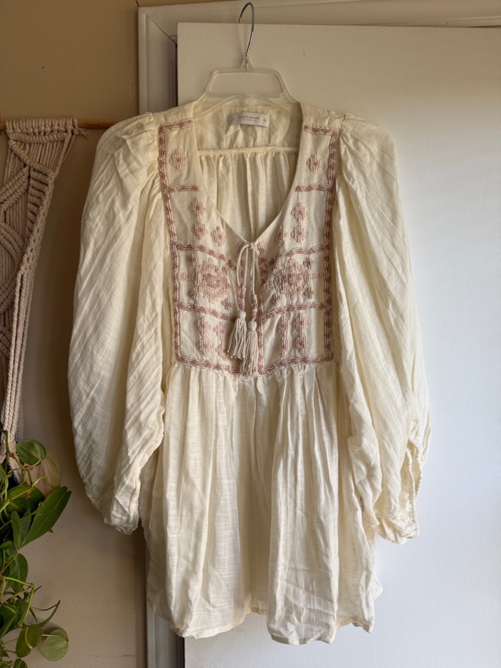 Lucky Brand Cream Tunic with Dusty Rose Embroidery